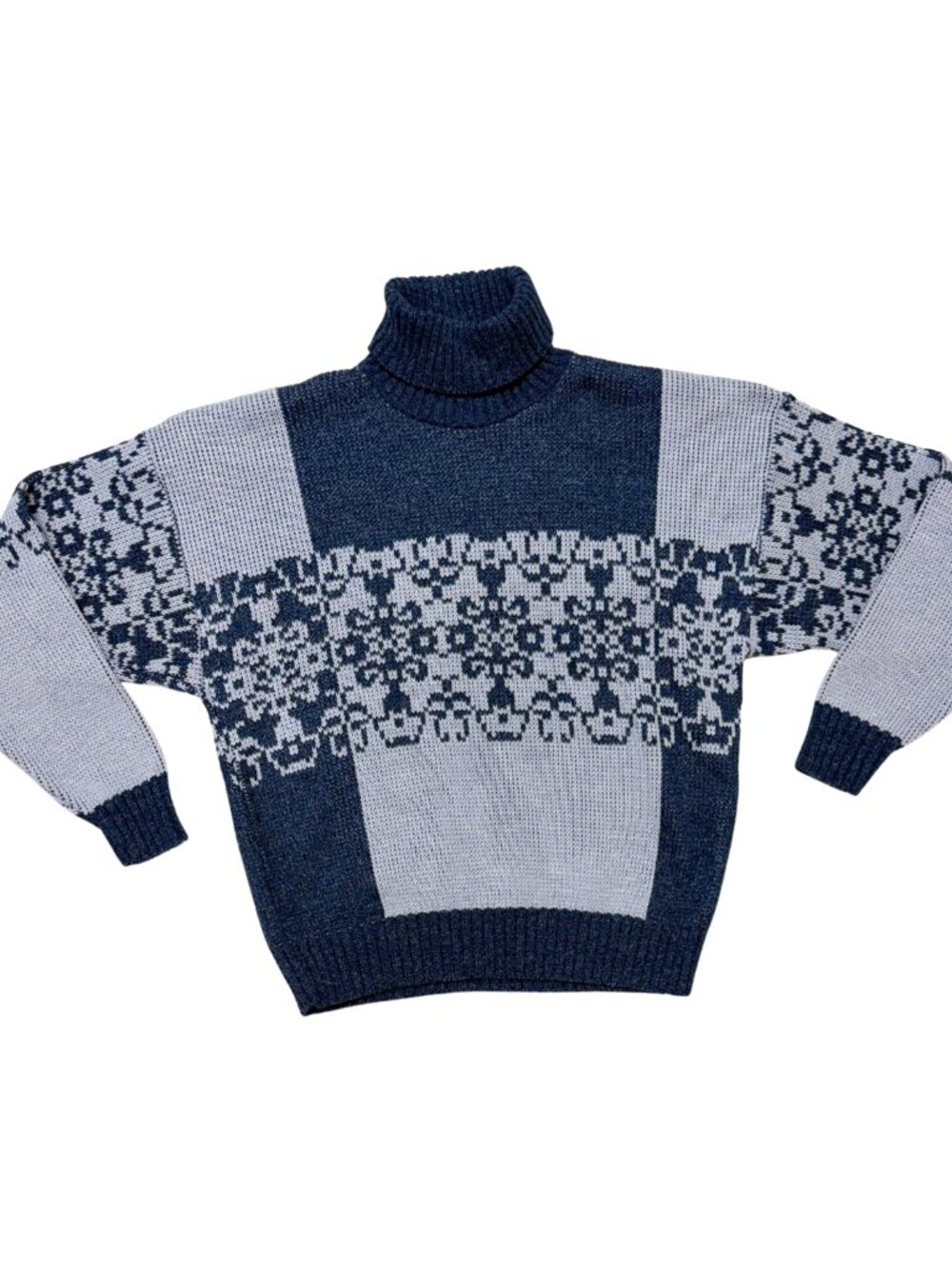 Vintage London Fog Blue Navy Patchwork Roll Neck Turtleneck Chunky Sweater XL